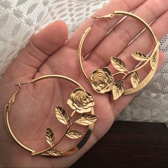 Gold Rose Hoop Earrings - Picture 2 of 5